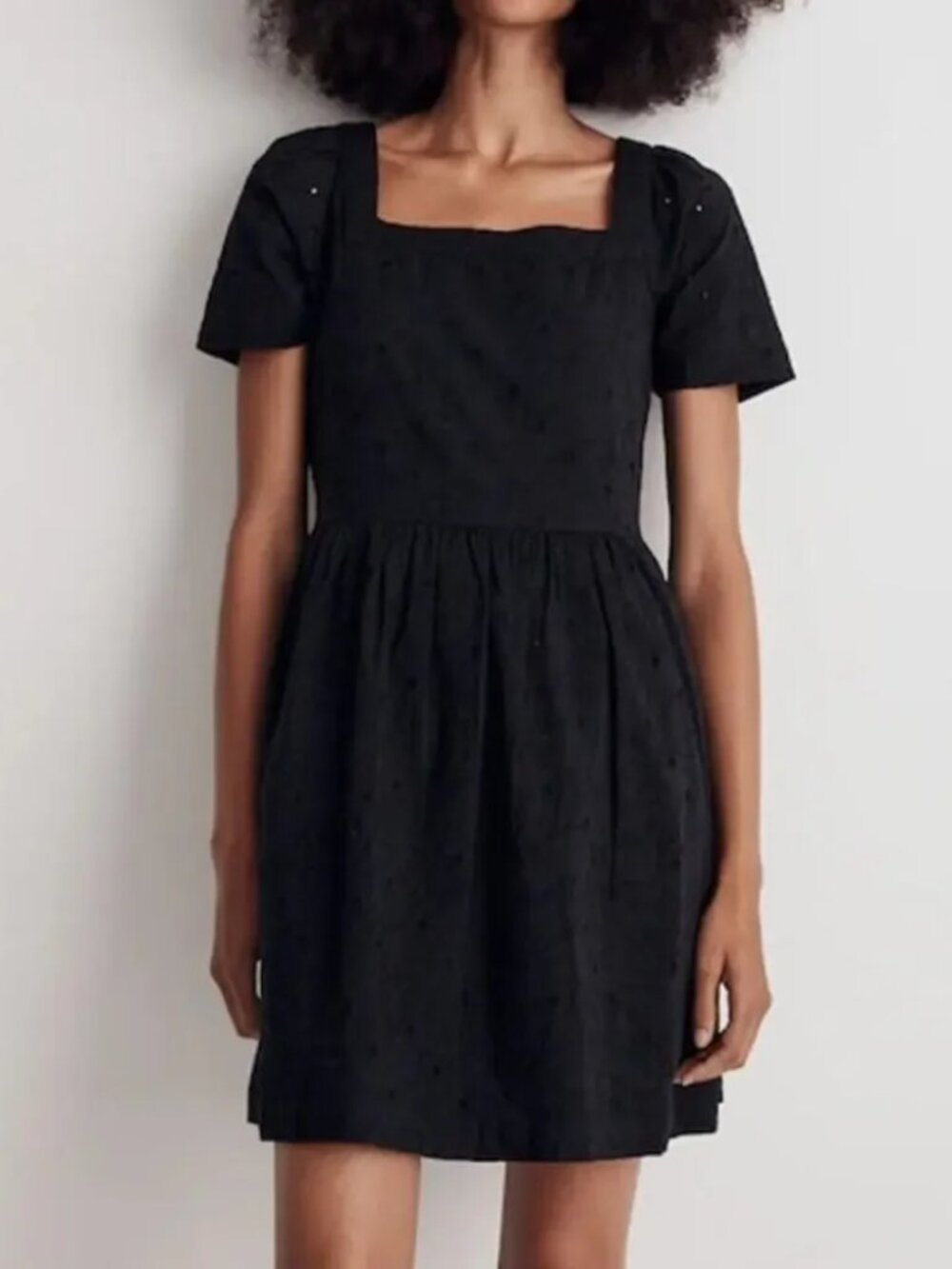 Madewell Allie Square-Neck Eyelet Cotton Black Short-Sleeve Mini Sun Dress SMALL